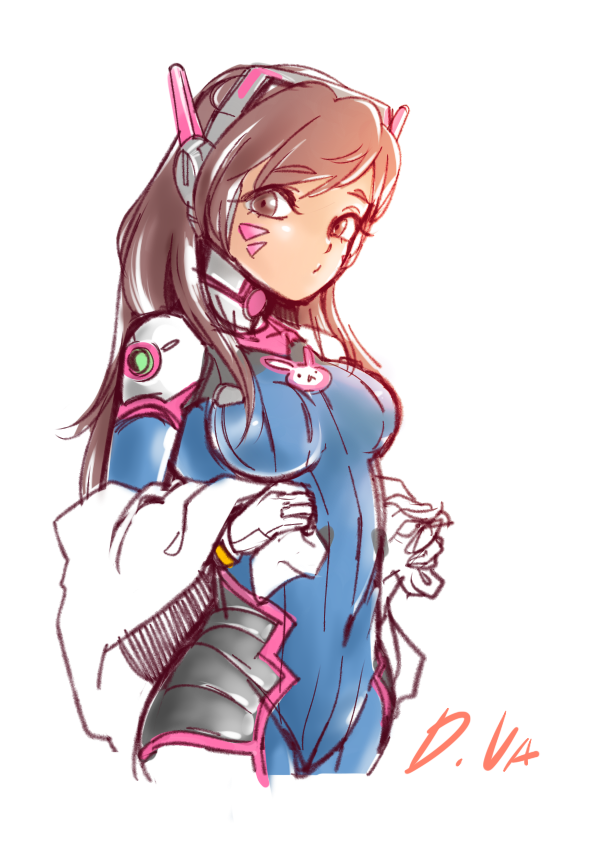1girl, bodysuit, brown_eyes, brown_hair, character_name, d.va_(overwatch), facial_mark, female