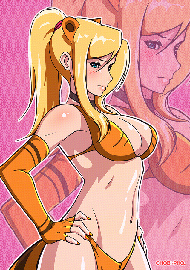 1girl, animal_ears, bikini, blonde_hair, breasts, chobi-pho, choker, looking_at_viewer