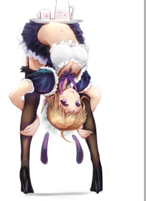 09_(qw20009), 1girl, arched_back, blonde_hair, flexible, frilled_skirt, frills, full_body, heels, high_heels, legwear, looking_at_viewer, maid, maid_headdress, miniskirt, navel, pantyhose, pleated_skirt, purple_skirt, simple_background, skirt, smile, solo, standing, thigh-highs, violet_eyes, white_background