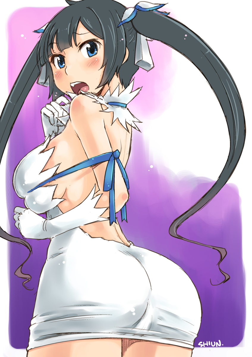 1girl, ass, bare_shoulders, black_hair, blue_eyes, blush, breasts, choker, dungeon_ni_deai_wo_motomeru_no_wa_machigatteiru_darou_ka, elbow_gloves, female, from_behind, gloves, hair_ornament, hestia_(danmachi), highres, large_breasts, long_hair, long_twintails, looking_back, open_mouth, shiun, sideboob, signature, solo, standing, twintails, white_gloves