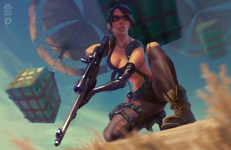 1girl, anna_nikonova, bikini, boots, breasts, brown_hair, front-tie_bikini, front-tie_top, gun, jpeg_artifacts, metal_gear_(series), metal_gear_solid_v, newmilky, pantyhose, parachute, patreon, ponytail, quiet_(metal_gear), rifle, sniper_rifle, solo, suspenders, swimsuit, torn_clothes, torn_pantyhose, watermark, weapon
