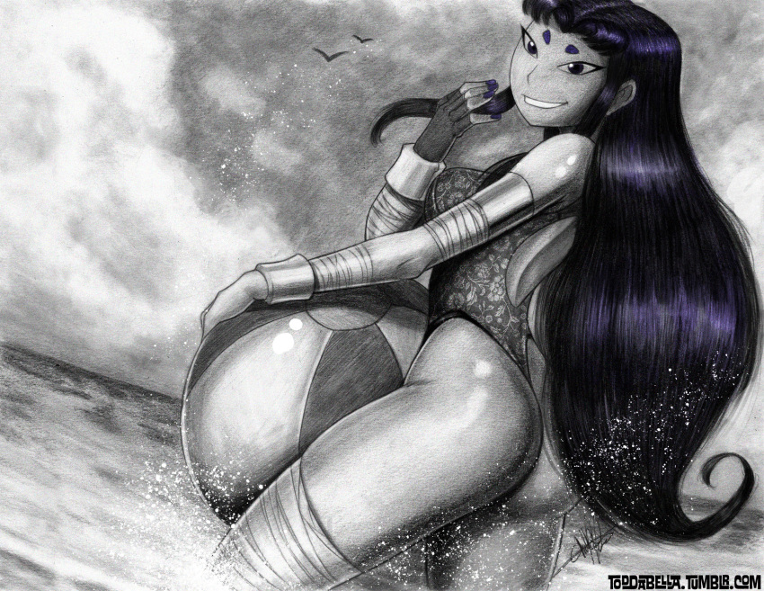 ass, ball, beach, beachball, blackfire, breasts, cleavage, dc_comics