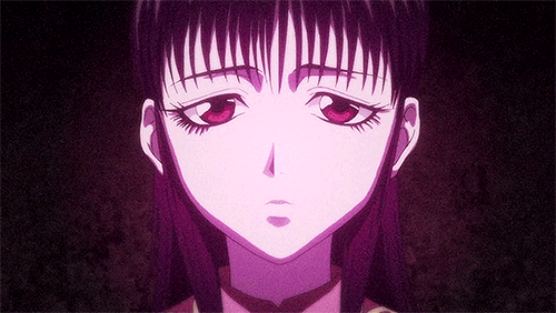 1girl, 90s, animated, animated_gif, blood, creepy, drooling, face, hakumen_no_mono, solo, ushio_to_tora
