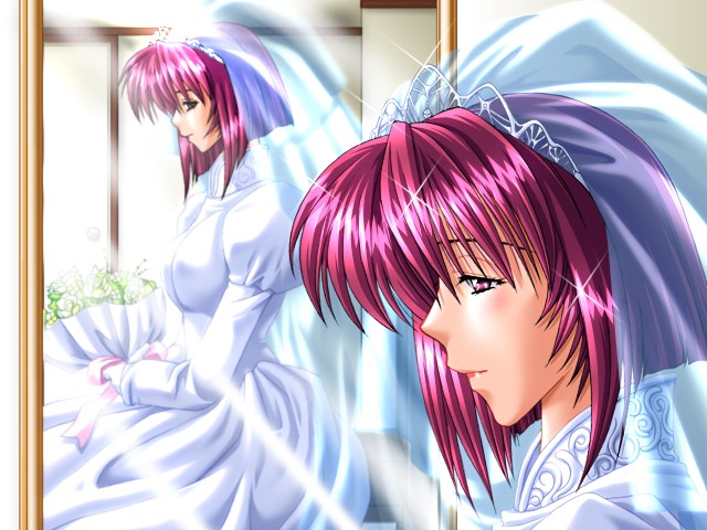 bridal_veil, bride, dress, flower, game_cg, kashino_shouta, katori_shouko, mirror, pink_eyes, pink_hair, sweet_happiness, veil, wedding_dress, white_dress