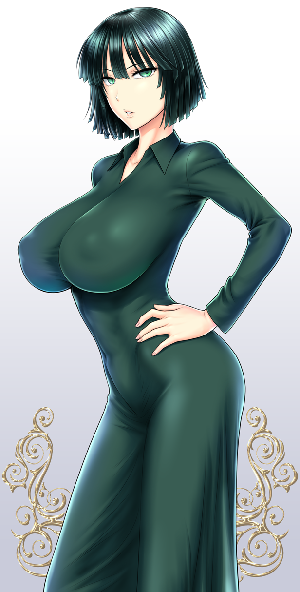 1girl, bangs, black_hair, breasts, clothed_navel, covered_navel, dress, erect_nipples, female, fubuki_(one-punch_man), green_dress, green_eyes, hand_on_hip, highres, huge_breasts, long_sleeves, looking_at_viewer, one-punch_man, pose, solo, st.germain-sal, taut_clothes, taut_dress, toned, wide_hips