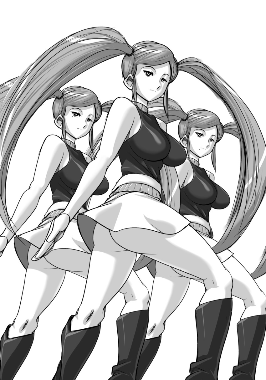 3girls, android, ass, bare_shoulders, belt, boots, breasts, female, gamia_q, highres, hikawadou, long_hair, mazinger_z, monochrome, multiple_girls, no_panties, robot, robot_girl, skirt, turtleneck, twintails, very_long_hair