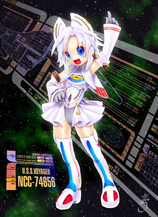 1girl, :d, bare_shoulders, blue_eyes, blush, boots, commentary_request, detached_sleeves, diagram, headgear, highleg, highleg_leotard, lcars, leotard, mecha_musume, messy_hair, open_mouth, personification, pointing, pointing_up, short_hair, signature, sky, sleeves_past_wrists, smile, solo, star_(sky), star_trek, star_trek:_voyager, starry_sky, tashiro_yuu, thigh-highs, thigh_boots, uss_voyager, white_hair
