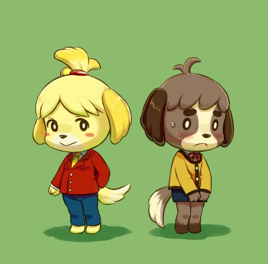 1boy, 1girl, animal_crossing, blonde_hair, blush, blush_stickers, brown_hair, cosplay