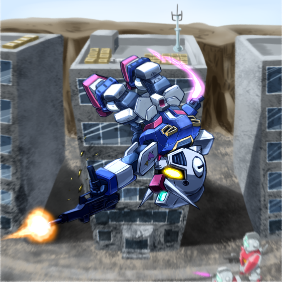 artist_request, chibi, dual_wielding, energy_sword, firing, gm_(mobile_suit), gun, gundam