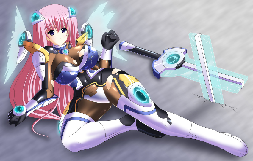 1girl, armor, blue_eyes, bodysuit, breasts, broken, broken_armor, broken_sword