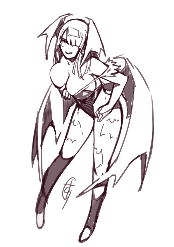 1girl, bat_wings, breasts, capcom, female, ganto, grin, hair_over_one_eye, huge_breasts, large_breasts, licking_lips, looking_at_viewer, monochrome, morrigan_aensland, pose, satisfied, smile, solo, vampire_(game), white_background, wide_hips, wings
