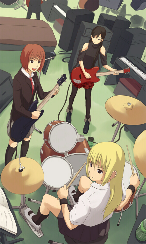bad_id, band, blonde_hair, brown_eyes, drum, drum_set, drums, guitar
