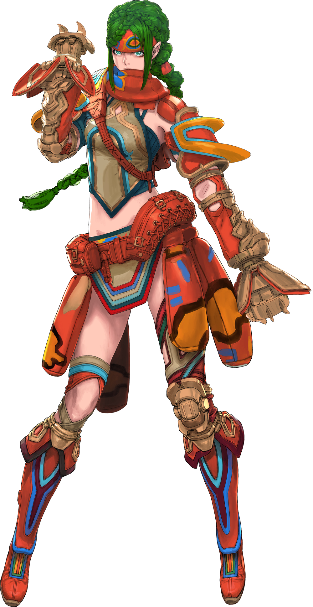 1girl, anne_(star_ocean), braid, braided_ponytail, full_body, gauntlets, green_eyes, green_hair, hairband, official_art, scarf, solo, spiked_gauntlets, square_enix, star_ocean, star_ocean_integrity_and_faithlessness