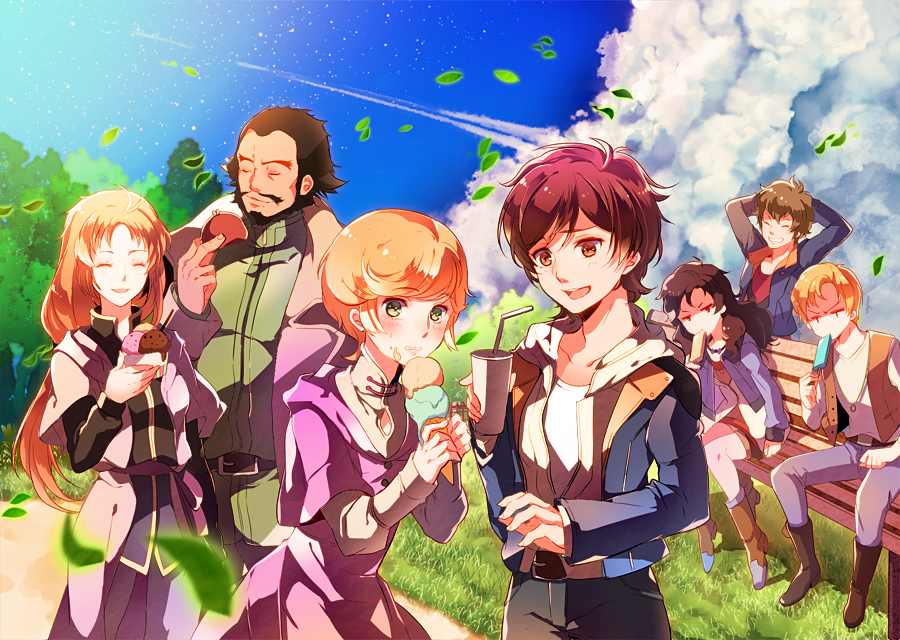 ame_erika, audrey_burne, banagher_links, bench, black_hair, blonde_hair, brown_eyes, brown_hair
