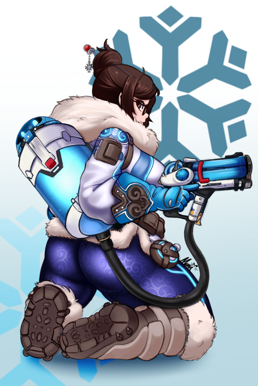 1girl, ass, boots, brown_hair, coat, from_behind, fur_coat, fur_trim, glasses, gun, hair_bun, hair_ornament, hood, kasu-pan, kneeling, looking_at_viewer, looking_back, mei_(overwatch), overwatch, solo, thick_thighs, tight_pants, weapon, winter_clothes