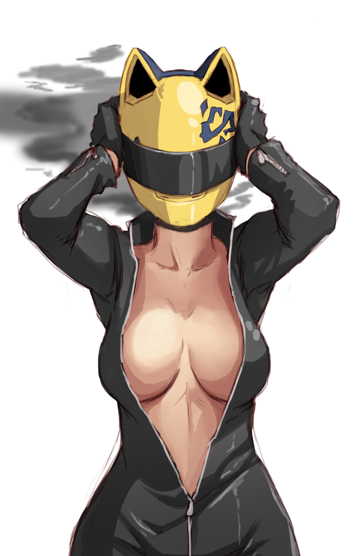 1girl, aura, biker_clothes, black_gloves, bodysuit, breasts, celty_sturluson, cleavage