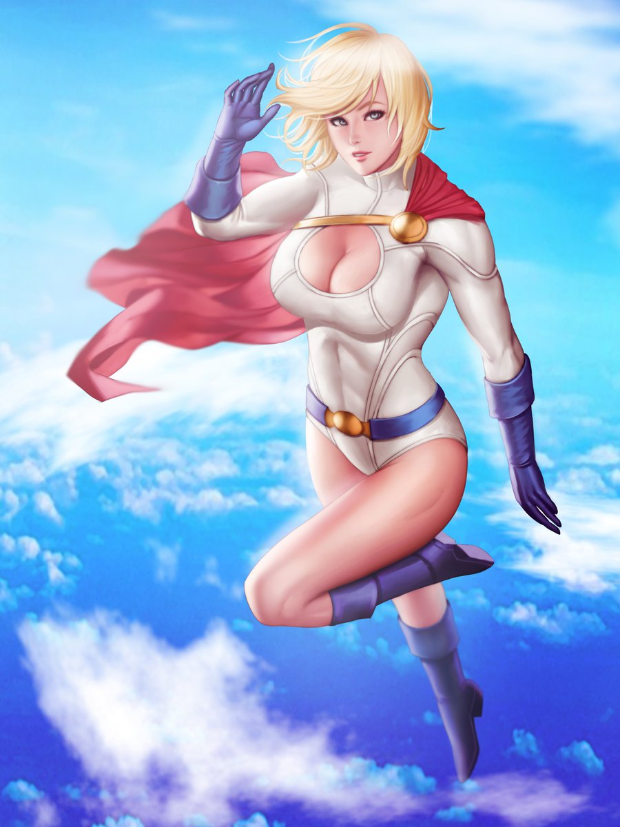 1girl, audia_pahlevi, blonde_hair, blue_sky, boots, breasts, cape, cleavage