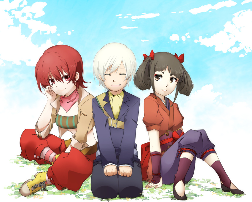 1boy, 2girls, belt, black_hair, breasts, brown_eyes, chitose_cxarma, closed_eyes, iria_animi, jacket, midriff, multiple_girls, open_mouth, pants, red_eyes, redhead, ribbon, ruca_milda, scarf, shoes, short_hair, smile, socks, tales_of_(series), tales_of_innocence, twintails, white_hair
