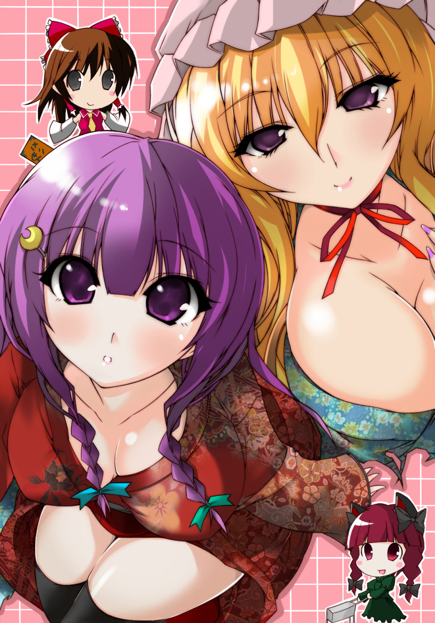 bad_id, box, breasts, chibi, cleavage, donation_box, hakurei_reimu, highres, huge_breasts, japanese_clothes, kaenbyou_rin, large_breasts, multiple_girls, patchouli_knowledge, suzumiya, suzumiya_botan, thigh-highs, thighhighs, touhou, yakumo_yukari