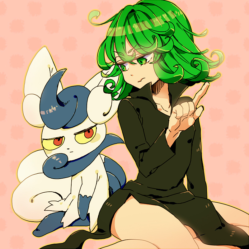 1girl, anger_vein, bare_legs, covered_navel, crossover, dress, female, green_eyes, green_hair, homura-m, meowstic, nintendo, one-punch_man, pokemon, red_eyes, solo, tatsumaki