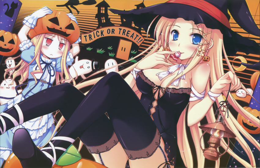 2girls, :3, :p, avril_(shukufuku_no_campanella), black_legwear, blonde_hair, blue_eyes, breasts, carina_verritti, cleavage, dress, earrings, ghost, halloween, hat, highres, jewelry, ko~cha, lantern, legs, multiple_girls, object_on_head, pumpkin, red_eyes, shukufuku_no_campanella, sitting, thighhighs, tongue, witch_hat