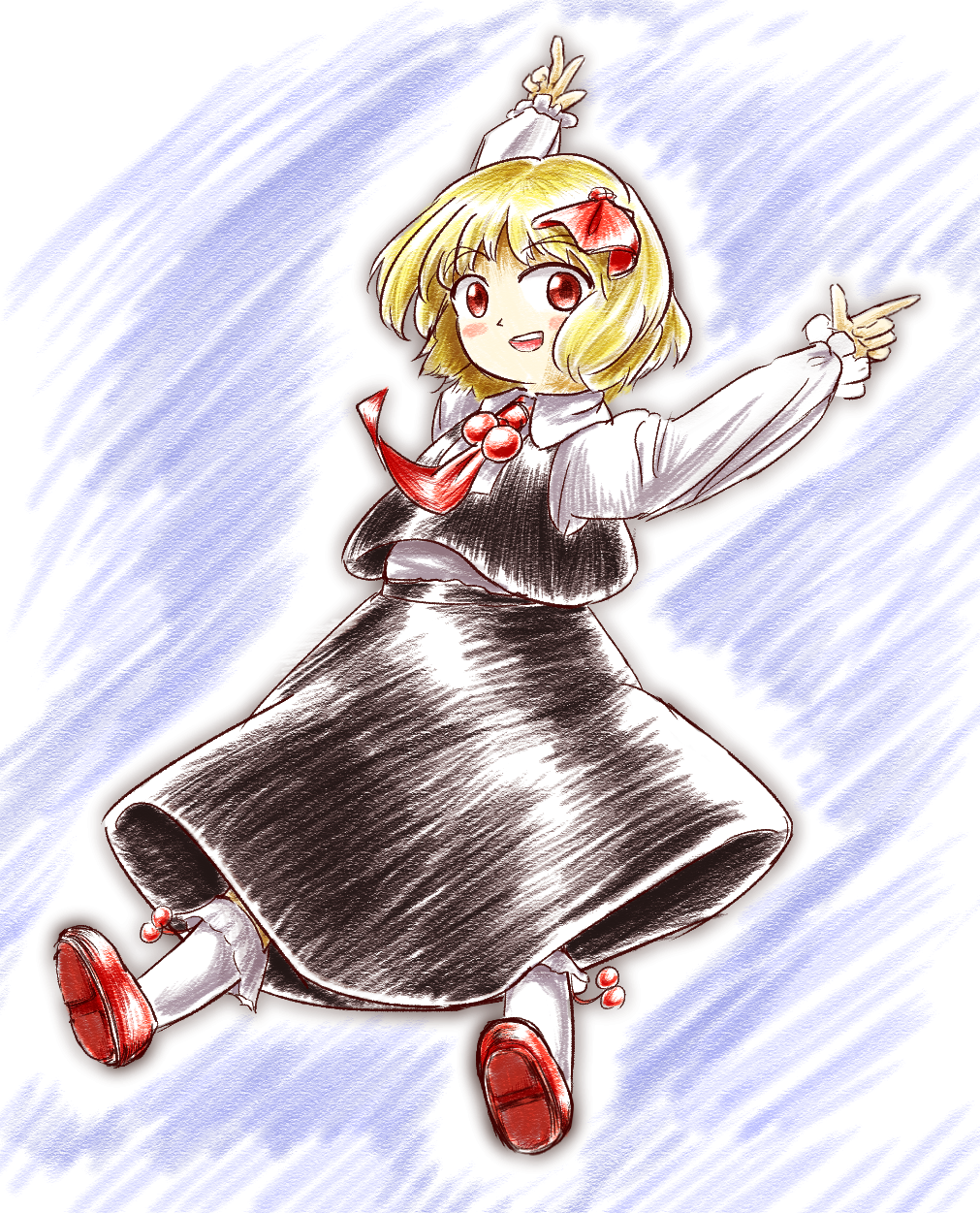1girl, :d, black_skirt, blonde_hair, blouse, hair_ribbon, highres, long_sleeves, looking_at_viewer, ofuton_(niigata_kenmin), oota_jun'ya_(style), open_mouth, parody, red_eyes, red_ribbon, red_shoes, ribbon, rumia, shirt, shoes, short_hair, skirt, smile, socks, solo, style_parody, touhou, vest, white_blouse, white_shirt