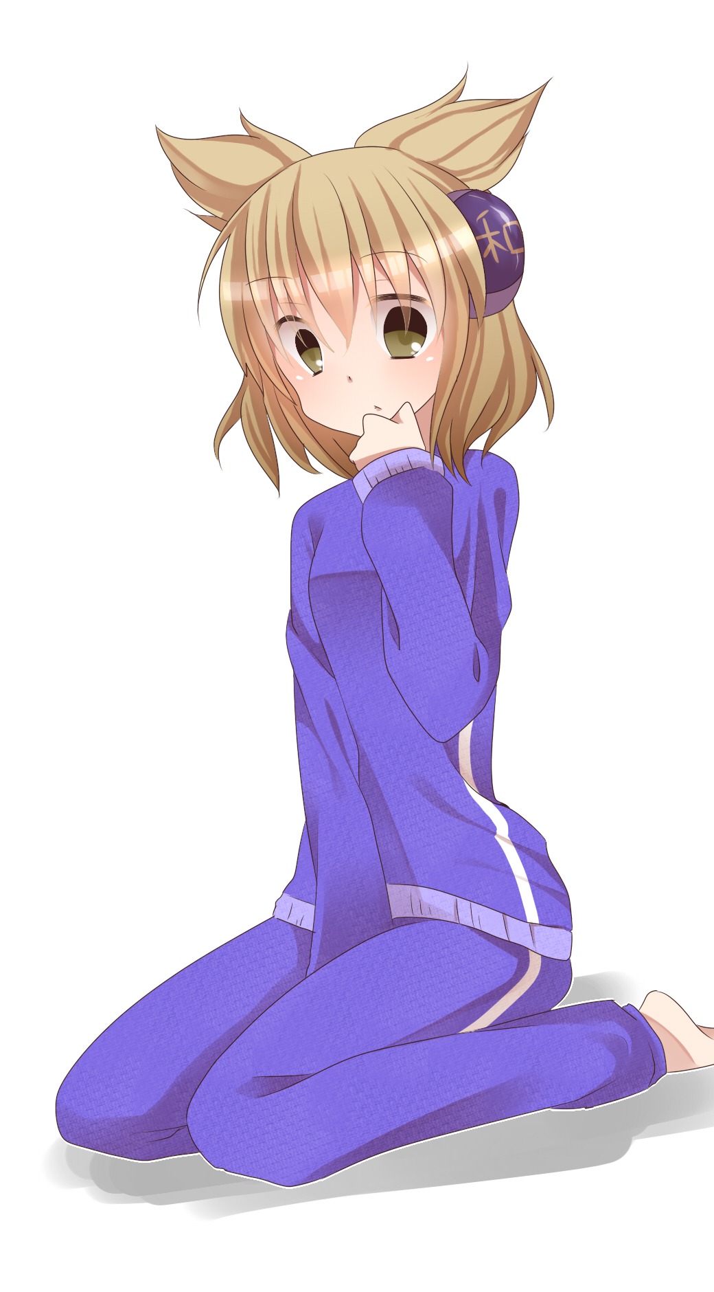 1girl, brown_eyes, brown_hair, kagami_reido, pointy_hair, sakura_hazuki, simple_background, sitting