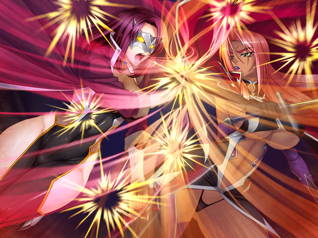 2girls, battle, bodysuit, breasts, dark_skin, domino_mask, energy, fighting