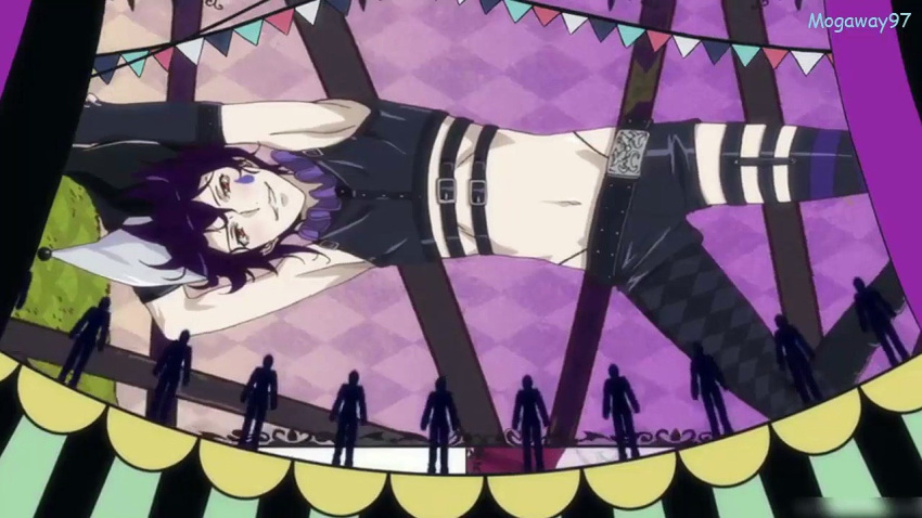 1boy, belt, black_hair, boots, circus, crop_top, dance_with_devils, ending, frills, gloves, hat, jester_cap, looking_at_viewer, lying, makeup, natsumezaka_shiki, navel, pierrot, red_eyes, screencap, short_hair, shorts, smile, solo, striped, thigh-highs