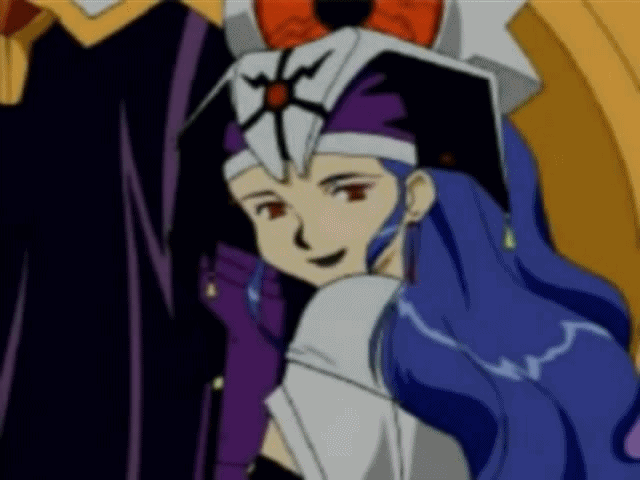 1boy, 1girl, animated, animated_gif, black_lips, blue_hair, corruption, dark_persona, game_arts, ghaleon, grey_hair, hat, hug, luna_noah, lunar, lunar:_the_silver_star, magic, mind_control, red_eyes, robe, smile, smirk, spoilers