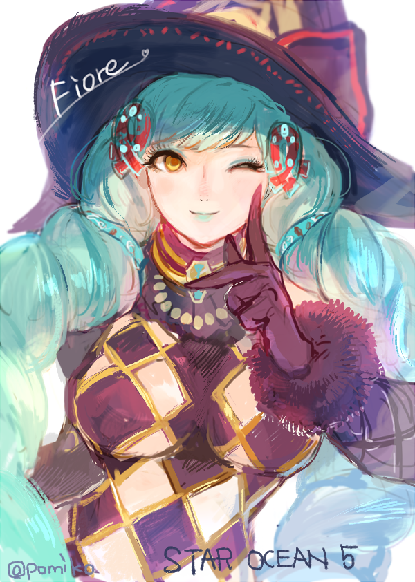1girl, black_gloves, breasts, eyeshadow, fiore_burnelli, gloves, green_hair, hat, lipstick, looking_at_viewer, makeup, pomiko_(mokokkokon), smile, solo, star_ocean, star_ocean_integrity_and_faithlessness, upper_body, wink, witch_hat, yellow_eyes