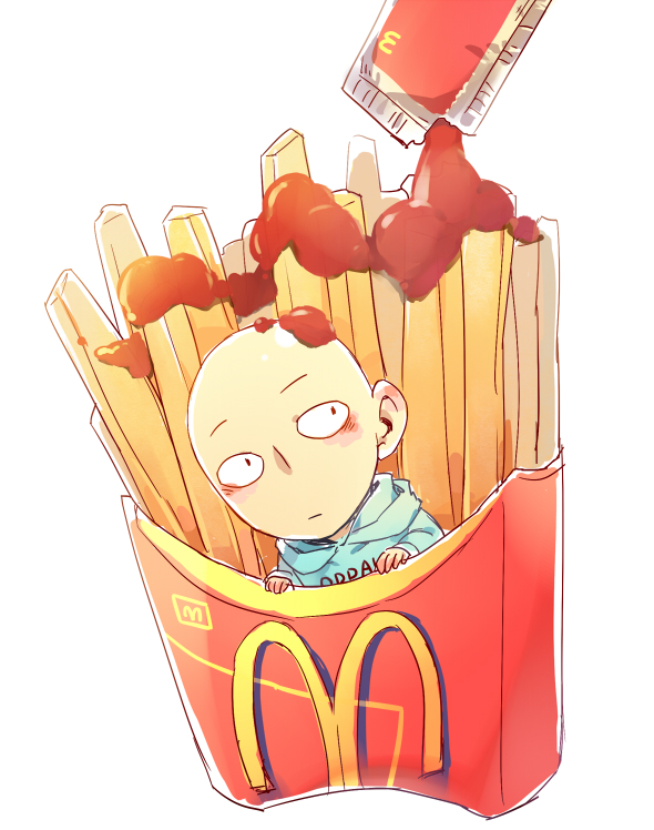 1boy, bald, chips, doudoude_dou, food, french_fries, hood, hoodie
