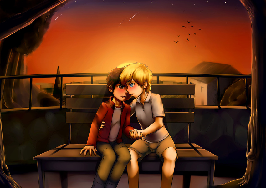 2boys, bench, bird, blonde_hair, blue_eyes, character_request, multiple_boys, outdoors