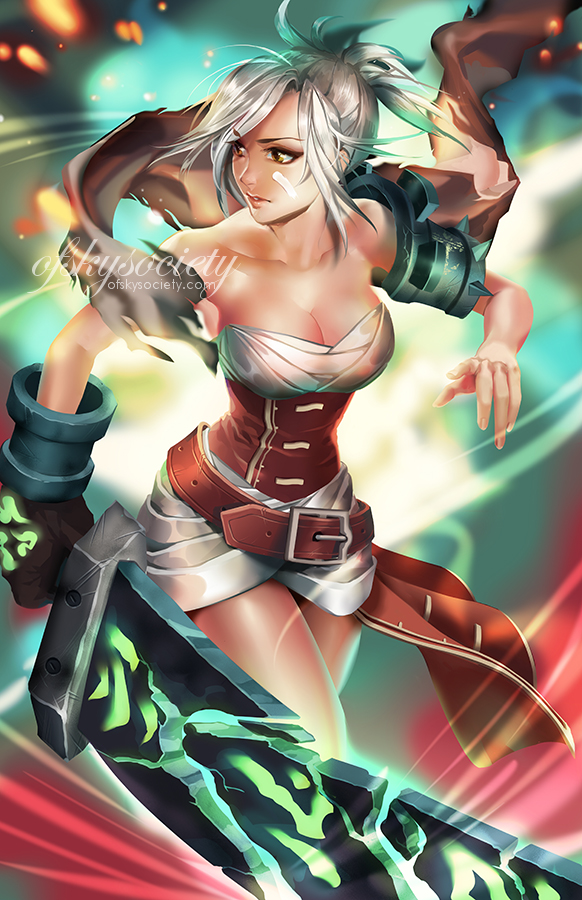 1girl, alice_jing, bare_shoulders, breasts, cleavage, glowing, glowing_weapon, grey_hair