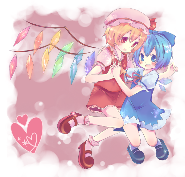 blonde_hair, blue_eyes, blue_hair, cirno, flandre_scarlet, hand_holding, hat, holding_hands