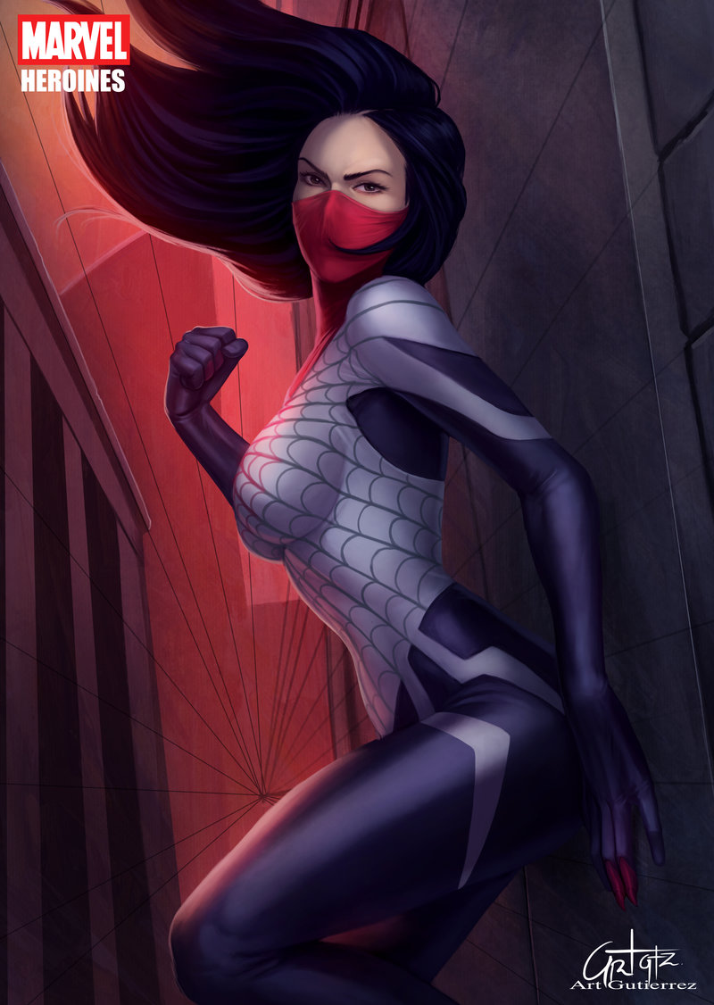 1girl, arturo_gutierrez, black_hair, bodysuit, building, cindy_moon, city, half_mask, looking_at_viewer, marvel, silk_(marvel), solo, spandex, spider-man_(series), spider_web