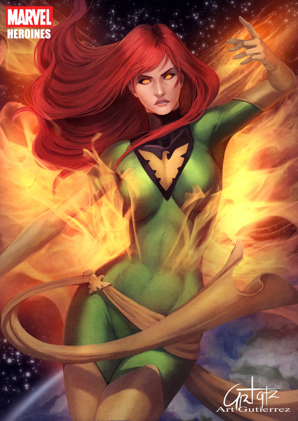 1girl, arturo_gutierrez, aura, bodysuit, dark_phoenix, earth, emblem, fire