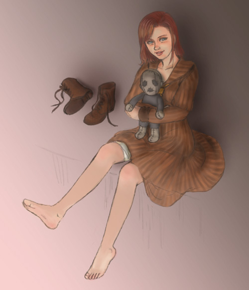 1girl, bandage, barefoot, boots, diana_(rule_of_rose), doll, dress, feet, holding, looking_at_viewer, parted_lips, redhead, rule_of_rose, shoes_removed, sitting, smile, solo, striped_dress