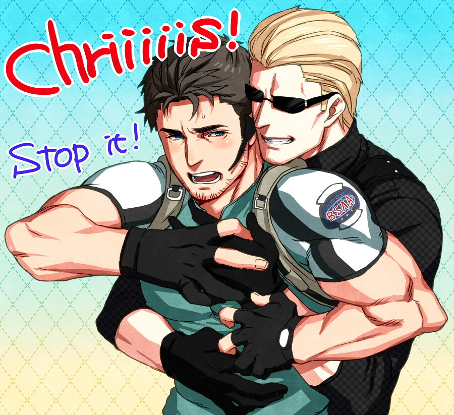 2boys, albert_wesker, blonde_hair, blush, brown_hair, chris_redfield, glasses, hug