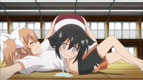 2girls, @_@, ahoge, animated, animated_gif, ass_shake, bare_legs, black_hair