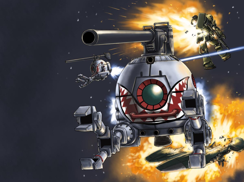 ball_(gundam), explosion, gun, gundam, gundam_ms_igloo, mecha, papua, sao_satoru, space, space_craft, weapon, zaku, zaku_ii