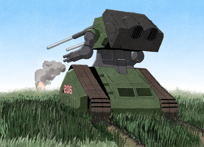 fire, grass, gundam, guntank, mecha, mobile_suit_gundam, orzer, smoke