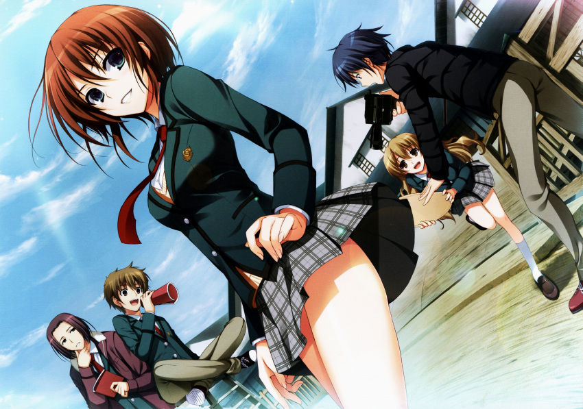2girls, 3boys, absurdres, aqua_eyes, blazer, blonde_hair, blue_hair, brown_eyes