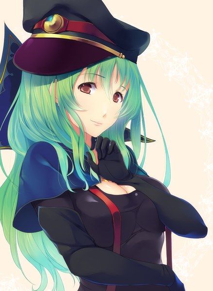 1girl, bangs, black_hat, bodysuit, breasts, brown_eyes, cleavage, eyebrows