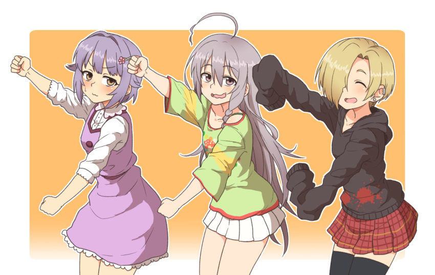 3girls, ahoge, black_legwear, blonde_hair, blood, blood_stain, bra_strap, braid