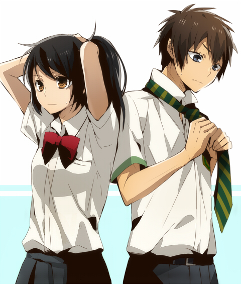 1boy, 1girl, black_hair, bow, brown_eyes, brown_hair, kimi_no_na_wa, miyamizu_mitsuha, ribbon, school_uniform, setoo0115, short_hair, skirt, tachibana_taki