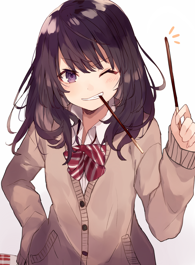 1girl, bow, bowtie, cardigan, commentary_request, cowboy_shot, food, hand_on_hip