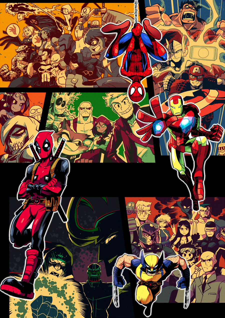 avengers, bald, ben_grimm, black_sclera, blush_stickers, bob_(marvel), body_hair, bodysuit, breasts, cable_(marvel), captain_america, charles_xavier, claws, cleavage, clenched_hand, clenched_teeth, closed_eyes, colossus_(x-men), cyclops_(x-men), daredevil, deadpool, doctor_doom, domino_mask, doop, drax_the_destroyer, earrings, energy, everyone, evil_grin, evil_smile, facial_mark, fire, flying_sweatdrops, formal, frown, gamora, grin, groot, guardians_of_the_galaxy, gun, gwen_poole, gwen_stacy, gwenpool, handgun, helmet, highres, horns, hulk, iron_fist_(marvel), iron_man, jennifer_walters, jewelry, johnny_storm, jubilee, kamala_khan, katana, laura_kinney, lightning, loki_(marvel), luke_cage, magneto, marvel, mask, mjolnir, ms._marvel, necktie, nightcrawler, open_mouth, outline, peter_quill, pistol, pouch, power_armor, punisher, raccoon, rariatto_(ganguri), red_eyes, reed_richards, rocket_raccoon, rogue_(x-men), saliva, she-hulk, shield, shiklah, smile, spider-gwen, spider-man, spider-man_(series), stan_lee, steve_rogers, sue_storm, suit, superhero, sword, taskmaster, teeth, thanos, the_punisher, thor_(marvel), upside-down, weapon, wolverine, x-23, x-men
