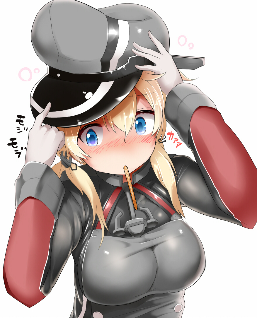adjusting_clothes, adjusting_hat, anchor_hair_ornament, blonde_hair, blue_eyes, blush, breasts, food