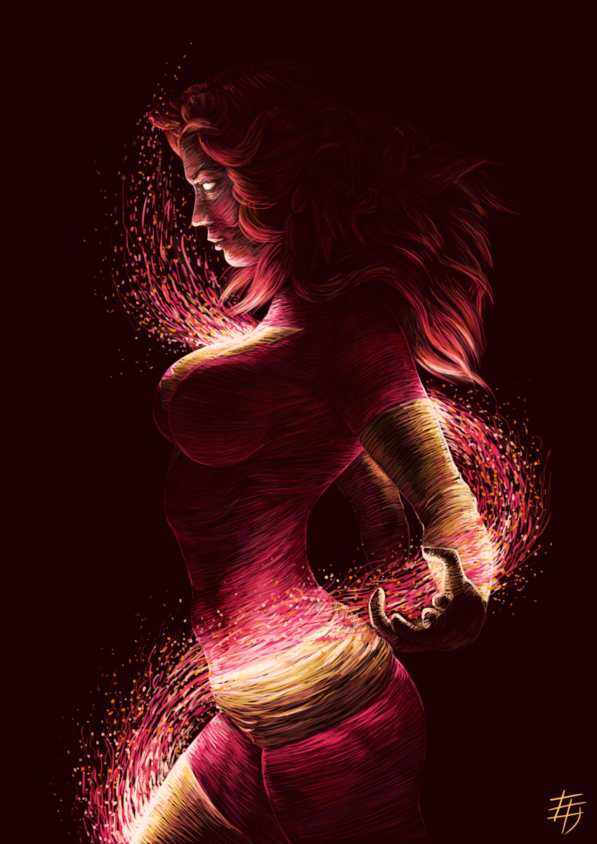 1girl, absurdres, bodysuit, breasts, danel_yessaliyeva, dark, dark_phoenix, from_side, highres, impossible_bodysuit, impossible_clothes, jean_grey, large_breasts, long_hair, marvel, redhead, signature, solo, x-men